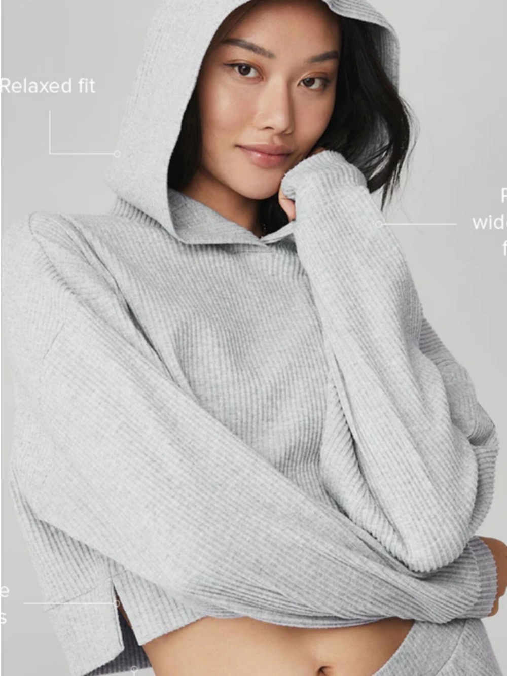 ALO Muse Light Gray Ribbed Cropped Hoodie